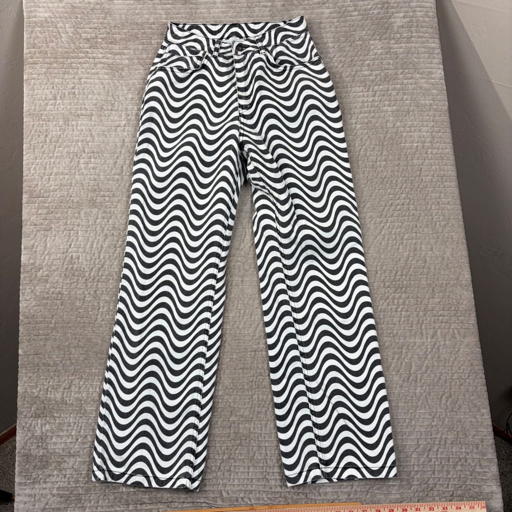 The Ragged Priest Ragged Jeans Black White Wavy Swirl Straight Leg Denim 26
